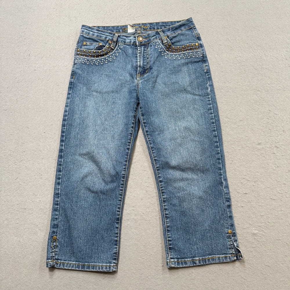 Roadrunner Jeans Womens 10 Blue Denim Capri Straight Leg Embellished Pockets Y2K